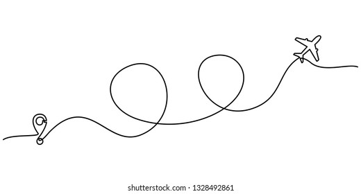 Continuous line drawing of Airplane line path vector icon of air plane flight route with start point and trace of one line - Vector illustration. - Vector