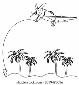 Continuous line drawing of Airplane line path vector icon of air plane flight route with start point and dash line trace - Vector illustration.