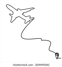 Continuous line drawing of Airplane line path vector icon of air plane flight route with start point and dash line trace - Vector illustration.