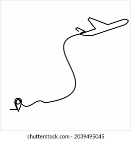 Continuous line drawing of Airplane line path vector icon of air plane flight route with start point and dash line trace - Vector illustration.