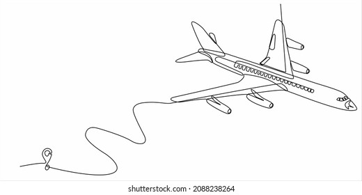 
Continuous line drawing of airplane line path vector icon of an airplane flight route with starting point and one line trail - Vector illustration. - Vector