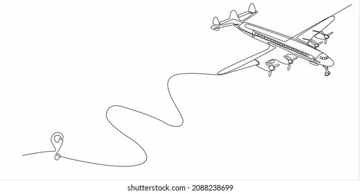 
Continuous line drawing of airplane line path vector icon of an airplane flight route with starting point and one line trail - Vector illustration. - Vector
