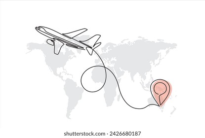 Dibujo de línea continua de la trayectoria de línea de avión icono vectorial de ruta de vuelo de avión con punto de inicio y traza de una línea - Ilustración vectorial. - Vector