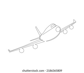 Continuous line drawing of airplane. Single one line art concept of plane flying from right to left.
