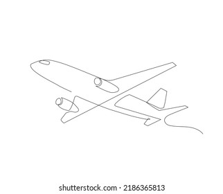 Dibujo continuo de líneas del avión. Concepto de arte de una sola línea de vuelo de avión de derecha a izquierda.