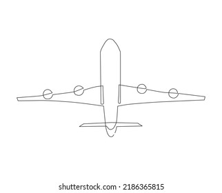 Continuous line drawing of airplane. Single one line art concept of plane from the bottom.