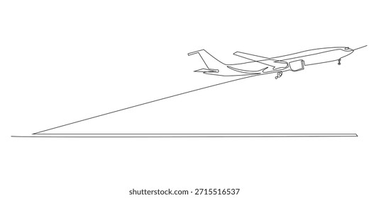 Kontinuierliche Linienzeichnung eines startenden Flugzeugs, die Reisefreiheit und Fortschritt symbolisiert. Einzeilige Illustration, geeignet für Flugreisen und Verkehrsthemen.
