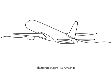 Continuous line drawing of airplane took off with a white background. illustration of an isolated plane. Airline Concept Travel Passenger plane. Jet commercial airplane. Illustration