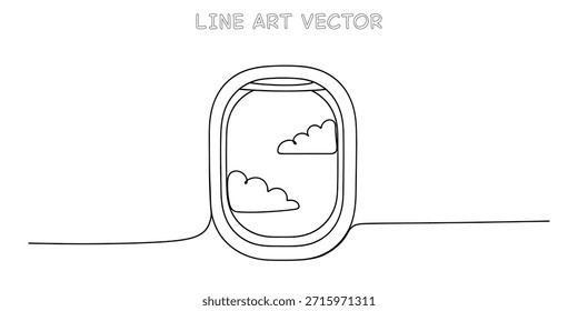Desenho de linha contínuo de uma janela do avião com nuvens visíveis do lado de fora. Conceito minimalista de viagem mostrando uma vista de uma aeronave. Ilustração vetorial