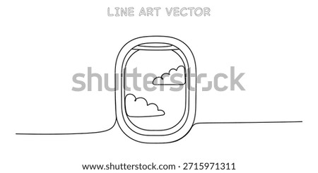 Continuous line drawing of an airplane window with clouds visible outside. Minimalist travel concept showing a view from an aircraft. Vector illustration