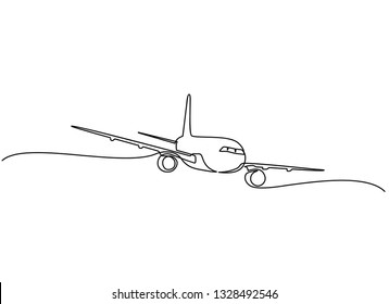 Continuous line drawing of airplanes on the clouds. Black and white background vector illustration. - Vector