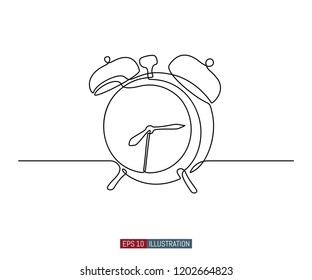 Continuous line drawing of alarm clock. Template for your design works. Vector illustration.
