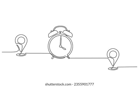 Continuous line drawing of alarm clock and location marker. Travel time concept GPS Navigation and journey concept in editable doodle style. Vector illustration