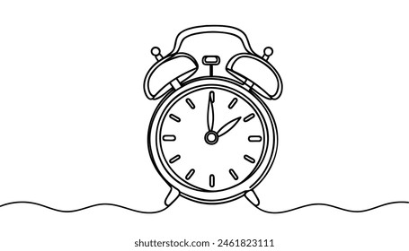 Continuous line drawing of alarm clock. alarm clock icon in single line doodle style. Alarm clock on white background