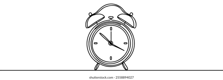 Continuous line drawing of alarm clock. One line of alarm clock. Alarm clock continuous line art.