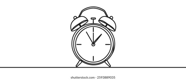 Continuous line drawing of alarm clock. One line of alarm clock. Alarm clock continuous line art.