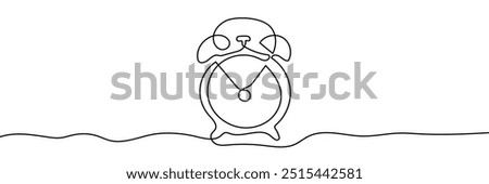 Continuous line drawing of alarm clock. One line of alarm clock. Alarm clock continuous line art. Editable outline.