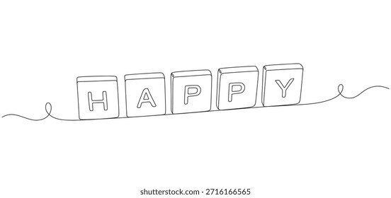 Dibujo continuo de líneas de bloques de alfabeto deletreando la palabra HAPPY