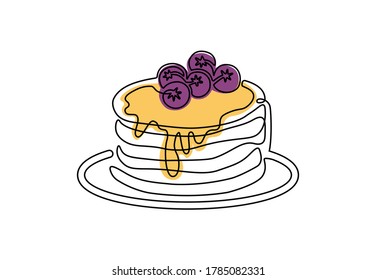 Continuous line drawing of American pancakes with berries and caramel. Breakfast cafe logo template concept. Modern poster design vector illustration