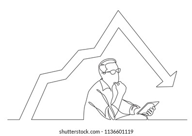 continuous line drawing of analyzing businessman with decreasing graph