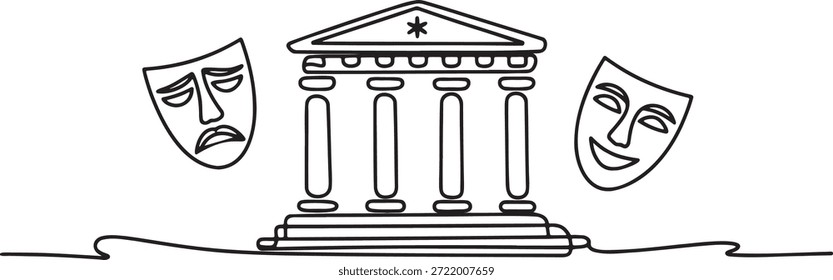 Continuous line drawing of an ancient theater building featuring classical columns and pediment, flanked by traditional comedy and tragedy masks. This illustration represents drama, performing arts, culture, and history. Ideal for concepts related to entertainment, education, and artistic expression.