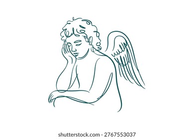 Continuous line drawing of angel boy, celestial being outline illustration, heavenly figure sketch art, ethereal wings vector graphic design.
