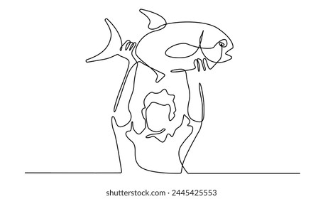 continuous line drawing of angler.one line drawing of angler lifting big fish.line art of man angler showing off caught fish.single line vector illustration.isolated white background