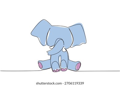 Continuous line drawing animal concept shows a sitting baby elephant, ideal for children decor, nursery, or wildlife education themes. This adorable animal exudes charm and protection.