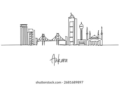 Un dibujo de línea continua del horizonte de Ankara con la mezquita de Kocatepe y las torres modernas. Concepto de paisaje urbano minimalista que representa el horizonte de la capital turca con una silueta cultural icónica.
