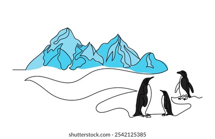 Dibujo de línea continuo del día de la Antártida. Arte de línea lindo pingüino copos de nieve y icebergs. Antártida y Vector de pingüino ilustración simple.