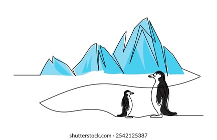 Dibujo de línea continuo del día de la Antártida. Arte de línea lindo pingüino copos de nieve y icebergs. Antártida y Vector de pingüino ilustración simple.