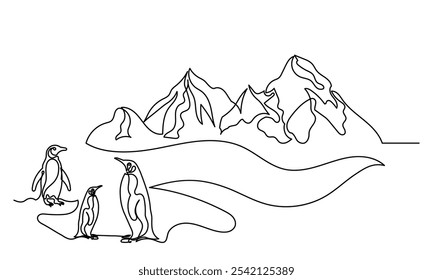 Continuous line drawing of Antarctica day. Line art cute penguin snowflakes and icebergs.Antarctica and penguin vector simple illustration.