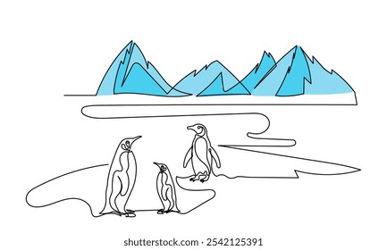 Dibujo de línea continuo del día de la Antártida. Arte de línea lindo pingüino copos de nieve y icebergs. Antártida y Vector de pingüino ilustración simple.