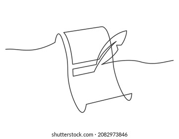 Continuous line drawing of  antique paper scroll and quill pen on white background. Letter on old paper.   Hand drawn vector illustration.