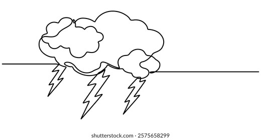 Continuous Line Drawing of Anxiety Icon. Hand Drawn Symbol Vector Illustration, Continuous one line editable drawing of thundercloud and lightning. Concept of sadness in inclement weather , depression