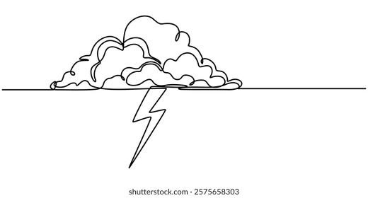 Continuous Line Drawing of Anxiety Icon. Hand Drawn Symbol Vector Illustration, Continuous one line editable drawing of thundercloud and lightning. Concept of sadness in inclement weather , depression