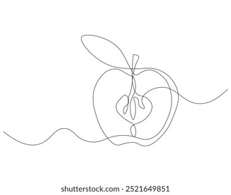 Continuous line drawing of apple. Single line illustration of national apple day. Fresh, Fruit, Healthy, Vitamin, Vegetarian concept. Editable outline