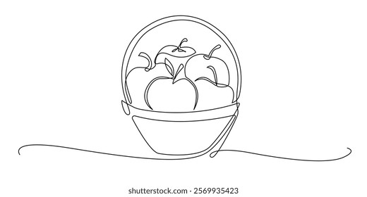 continuous line drawing of apples in a basket.one line drawing of harvest of apples.several apples in a basket.single line vector illustration.isolated white background