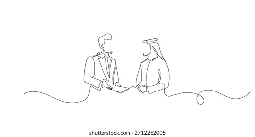 Kontinuierliche Linienzeichnung eines arabischen Geschäftsmannes in traditioneller Kleidung, der einer westlichen Exekutive die Hand schüttelt. Ein einzeiliges Beispiel, das globale Partnerschaft, Vertrauen und geschäftliche Zusammenarbeit symbolisiert.