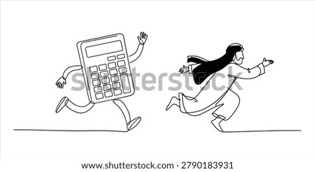 Continuous line drawing of an arab businessman chasing a running calculator Vector, illustration