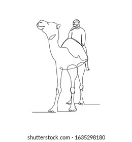 Continuous line drawing of arab man riding and walking with a camel. Ramadan kareem and ied mubarak greeting card line concept. Vector illustration.