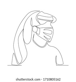 Continuous line drawing of arab man wearing surgical mask to protect disease, flu, air pollution, pandemic, virus. Vector illustration.
