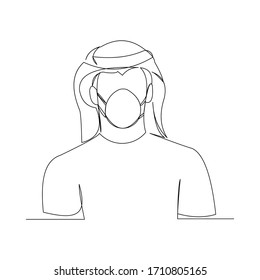 Continuous line drawing of arab man wearing surgical mask to protect disease, flu, air pollution, pandemic, virus. Vector illustration.