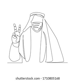 Dibujo continuo de un hombre árabe con mascarilla quirúrgica para proteger la enfermedad, la gripe, la contaminación del aire, la pandemia, el virus. Ilustración vectorial.