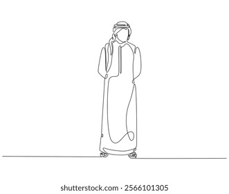 Continuous line drawing of arabian man. Single line illustration of arabic man standing. Islamic, muslim, arab concept. Editable outline
