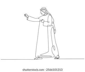 Continuous line drawing of arabian man. Single line illustration of arabic man standing. Islamic, muslim, arab concept. Editable outline