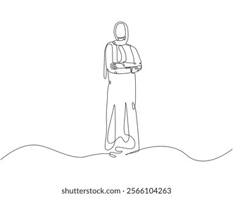 Continuous line drawing of arabian woman. Single line illustration of muslim woman wearing hijab. Islamic, muslim, arab concept. Editable outline