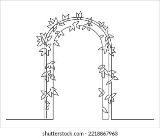 Continuous line drawing of arched entrance. Nice floral frame entrance. Emblem for fashion, beauty and jewellery, Wedding invitation. Vector illustration.