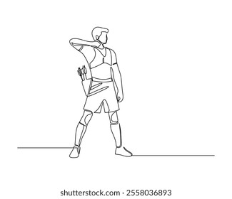 Continuous line drawing of an archer in action, wearing protective gear and holding arrows, showcasing the sport of archery with a minimalist artistic style.