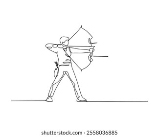 Continuous line drawing of an archer aiming with a bow and arrow, showcasing precision and focus in archery. Ideal for sports, fitness, and outdoor activity themes